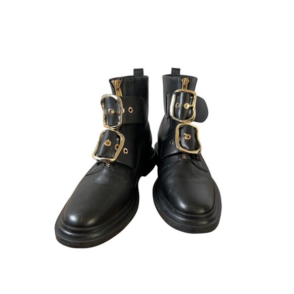 ASOS Black Leather Gold Metal Double Buckle Ankle Biker Boot US Size 6 UK Size 4 - Picture 9 of 14